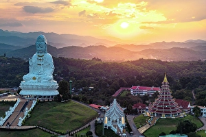 Antique Prints: Romantic sky at sunset over the majestic Buddha statue and pagoda