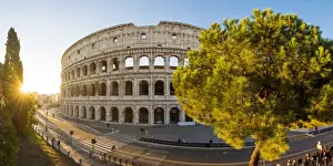 Coliseum Prints: Rome, Lazio, Italy. High angle panoramic view over the Colosseum square at sunrise