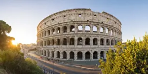 Lazio Prints: Rome, Lazio, Italy. High angle panoramic view over the Colosseum square at sunrise