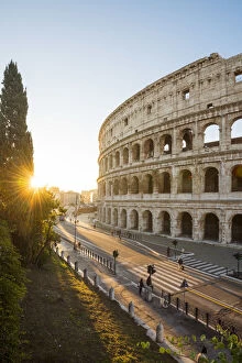 Rome, Lazio, Italy. High angle view over the Colosseum square at sunrise