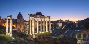 Imperial Fora Prints: Rome, Lazio, Italy. Panoramic view of the Imperial Forum at dusk