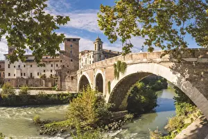 Lazio Prints: Rome, Lazio, Italy. Pons Fabricius (Fabricius bridge) leading to Tiber island