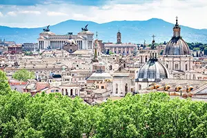 Latium Prints: Rome skyline with domes of catholic churches and Altare Della Patria or Vittoriano