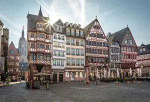 Frankfurt Prints: Romerberg square with historic half-timbered houses and Kaiserdom