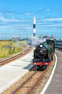Platform Prints: Romney, Hythe and Dymchurch Railway train arriving at the Dungeness railway station