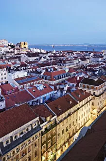 Rooftops of the Baixa, the historic centre of Lisbon, with the Tagus river and the