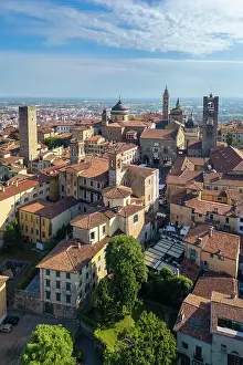 Historical Center Prints: Rooftops, churches and towers of the Upper Town (Citta Alta) of Bergamo, Lombardy, Italy