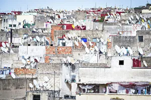 Crowded Prints: Rooftops of Fez with satellite TV dishes, Morocco