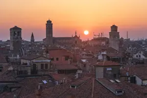 Ancient Building Prints: Rooftops of the Venice city centre from the Fondaco dei Tedeschi at sunset