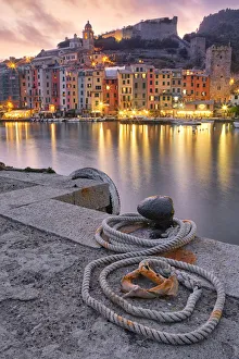 Rope on pier at sunset, Porto Venere, La Spezia, Liguria, Italy