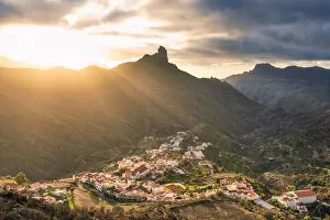 Images Dated 29th April 2020: Roque Bentayga and Tejeda village at sunset. Tejeda, Las Palmas, Gran Canaria