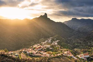 Roque Bentayga and Tejeda village at sunset. Tejeda, Las Palmas, Gran Canaria Roque Bentayga and Tejeda village at sunset. Tejeda, Las Palmas, Gran Canaria