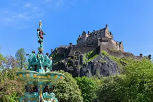 Fountains Prints: Ross Fountain and Edinburgh castle in spring. Edinburgh, Scotland, United Kingdom