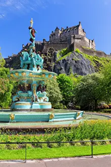 Fountains Prints: Ross Fountain and Edinburgh castle in spring. Edinburgh, Scotland, United Kingdom