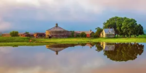 Farmhouse Prints: Round barn and farm reflection at sunrise, Bradford, Vermont, USA