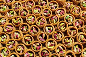 Marketplace Prints: Detail of round traditional Turkish dessert baklava with pistachio nuts