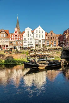 Luneburg Prints: Row of houses at Stintmarkt with old harbour, Luneburg, Lower Saxony, Germany