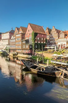 Luneburg Prints: Row of houses at Stintmarkt with old harbour, Luneburg, Lower Saxony, Germany