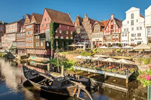 Lower Saxony Prints: Row of houses at Stintmarkt with old harbour, Luneburg, Lower Saxony, Germany