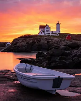 York Prints: Rowboat and Nubble Lighthouse at sunrise, Cape Neddick, Maine