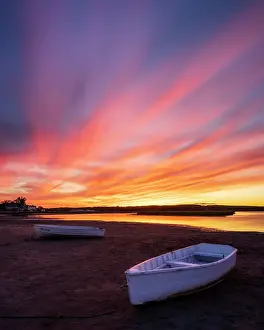 Row Boat Prints: Rowboat at sunset on Pine Point Beach, Scarborough, Maine, USA