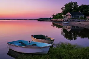 Estuary Prints: Two rowboats at sunrise with boathouse, Cape Cod, Orleans, Massachusetts, USA