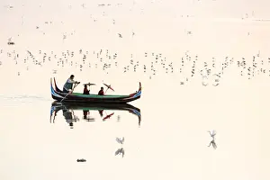 Boys Prints: A rowing boat surrounded by birds carries two novice monks towards U-Bein bridge