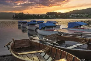 Rowing boats at sunset, Schluchsee Lake, Black Forest, Baden-Wurttemberg, Germany