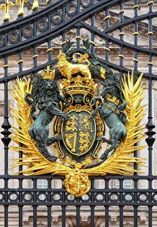 Coat Of Arms Prints: Royal coat of arms on the wrought iron gates of Buckingham Palace, London, England