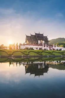 Royal Park Rajapruek, Chiang Mai, Thailand. Royal Pavilion at sunset