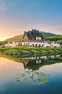 Royal Park Rajapruek, Chiang Mai, Thailand. Royal Pavilion at sunset