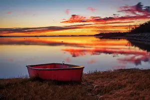 Cape Cod Prints: Rred rowboat on beach at sunrise, Cape Cod, Orleans, Massachusetts, USA