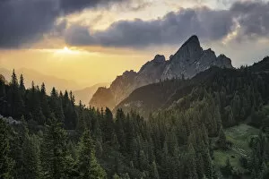 Images Dated 10th March 2021: RuchenkAA┬Âpfe at sunrise, Mangfall Mountains, Spitzingseegebiet, Bayrischzell, Alps