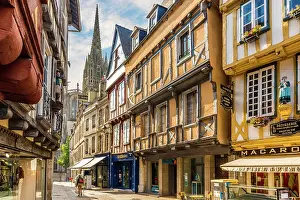 Quimper Prints: Rue Kereon with view of Saint-Corentin Cathedral, Quimper, Finistere, Brittany, France