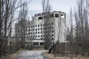 The ruined Hotel Polissia in the the abandoned city of Pripyat, Chernobyl Exclusion Zone