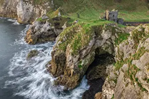 The ruins of Kinbane Castle on a clifftop promontory near Ballycastle on the Causeway Coast, County Antrim, Northern Ireland, UK. Autumn (November) 2022