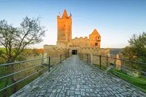 East Germany Prints: Ruins of Rudelsburg castle in the Saale valley in morning light