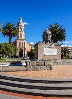 Images Dated 9th October 2018: Ruminawi Monument and San Luis Church, Simon Bolivar Park, Otavalo, Imbabura Province