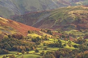 Rural farmland below Cumbrian mountains, Martindale, Lake District, Cumbria, England