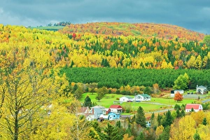 New Brunswick Prints: Rural scene and Mixedwood forest in autumn color St, Joseph, New Brunswick, Canada