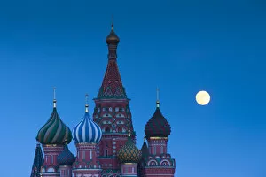 Images Dated 28th November 2011: Russia, Moscow, Red Square, Kremlin, St. Basils Cathedral with moonrise