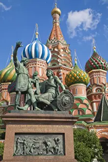 Moscow Prints: Russia, Moscow, Red Square, Statue of Kuzma Minin & Dmitry Pozharsky, St Basil s