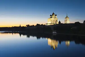 Russian Federation Prints: Russia, Pskovskaya Oblast, Pskov of Pskov Kremlin and Trinity Cathedral from the Velikaya