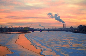 V Iew Gallery: Russia, St. Petersburg; The last light over the partly frozen Neva River with in Winter