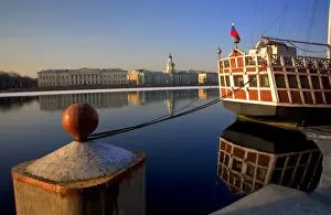 Soviet Union Prints: Russia, St. Petersburg; A wooden ship at pier on the partly frozen Neva River with the Kunstkamera