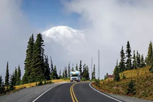 Road Trip Prints: RV on road with Mount Rainier beyond