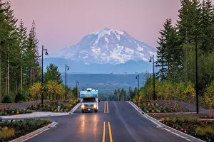 Mounr Rainier Prints: RV on a road to Rainier, Mount Rainier National Park, Washington, USA