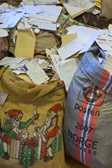 Sacks of Christmas present requests, Father Christmass House interior, Drobak Sacks of Christmas present requests, Father Christmass House interior, Drobak