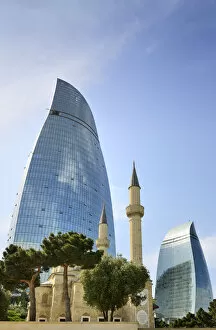 Absheron Gallery: Sahidlar Xiyabani Mosque and the Flame Towers. Baku, Azerbaijan