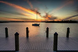 Dock Prints: Sailboat & Dock at Sunset, Port Charlotte Beach Park, Florida, USA